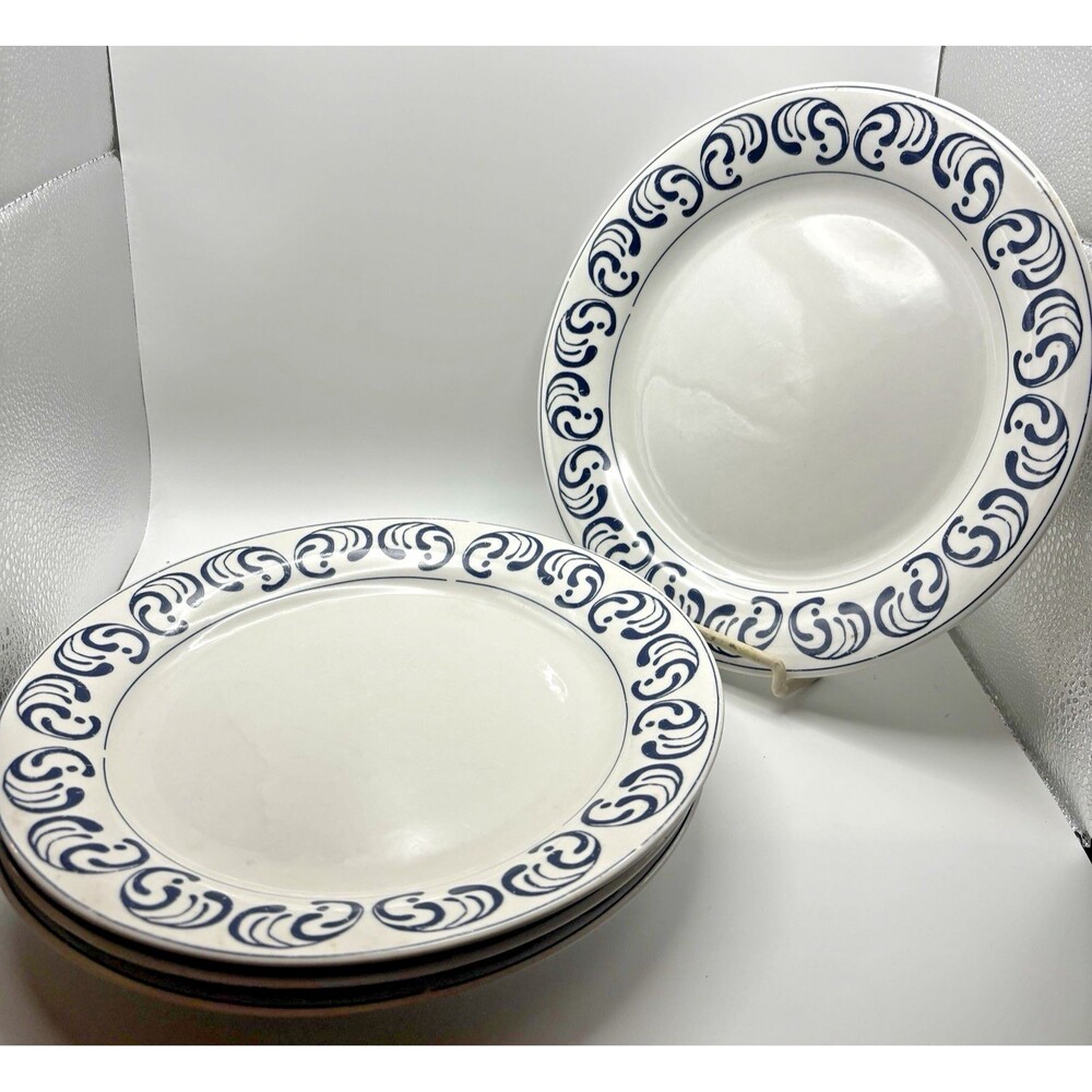 Set of 4-Oneida Casual Settings BELLE 10” Dinner Plates Blue White Stoneware 80s